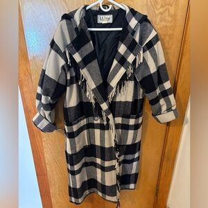 Vintage 90s L.L. Bean Plaid Fringe Wool Blanket Coat
